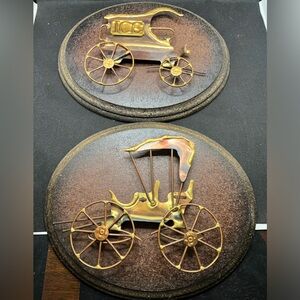 Pair of vintage wall art- metal on wood carriage ice carriage 3 dimensional
